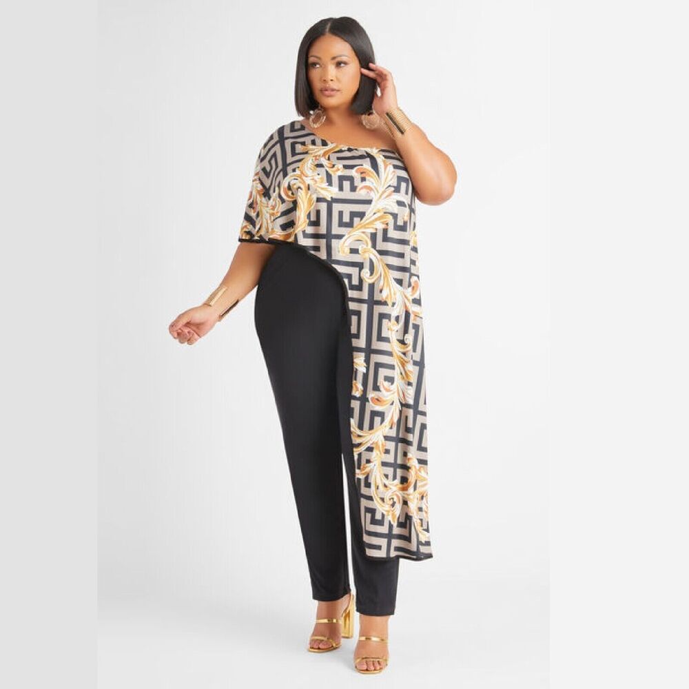 Ashley Stewart One Shoulder Printed Jumpsuit Size 22/24 Black Gold Status Print